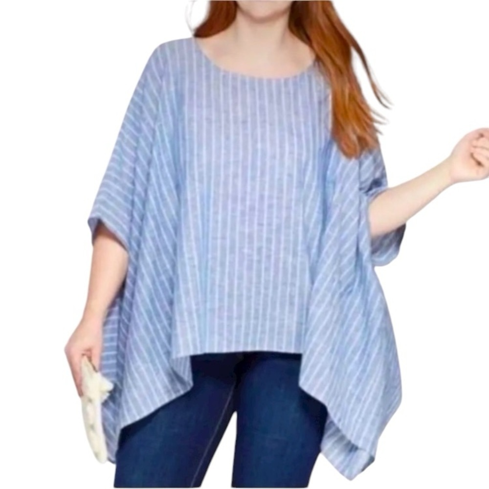 Linen Cotton Nautical Blue White Striped Top Kimono Oversized Beachy Resort OS